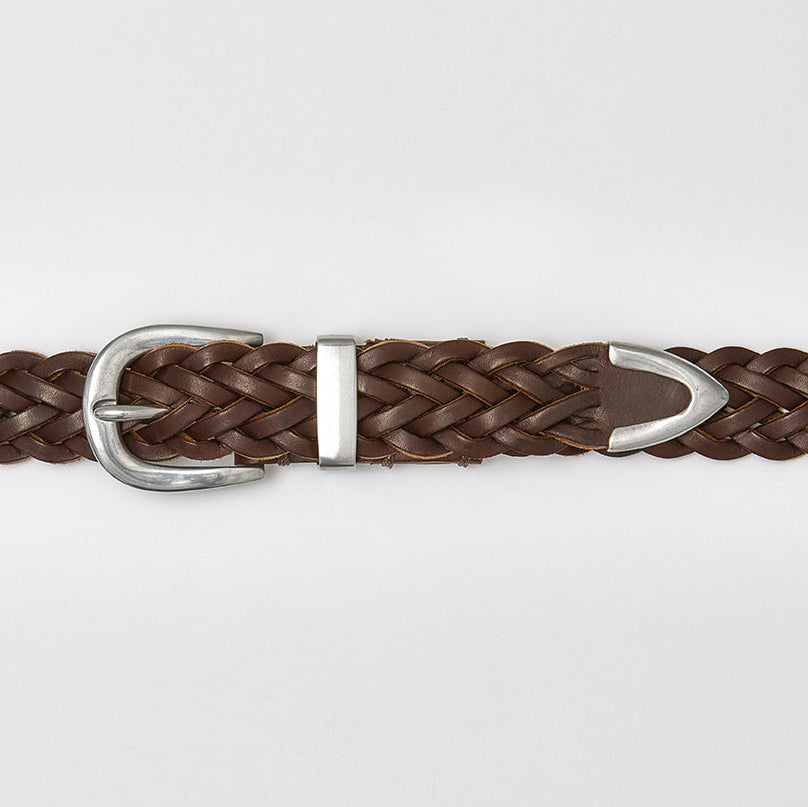 Brown braided belt with a silver buckle on a white background