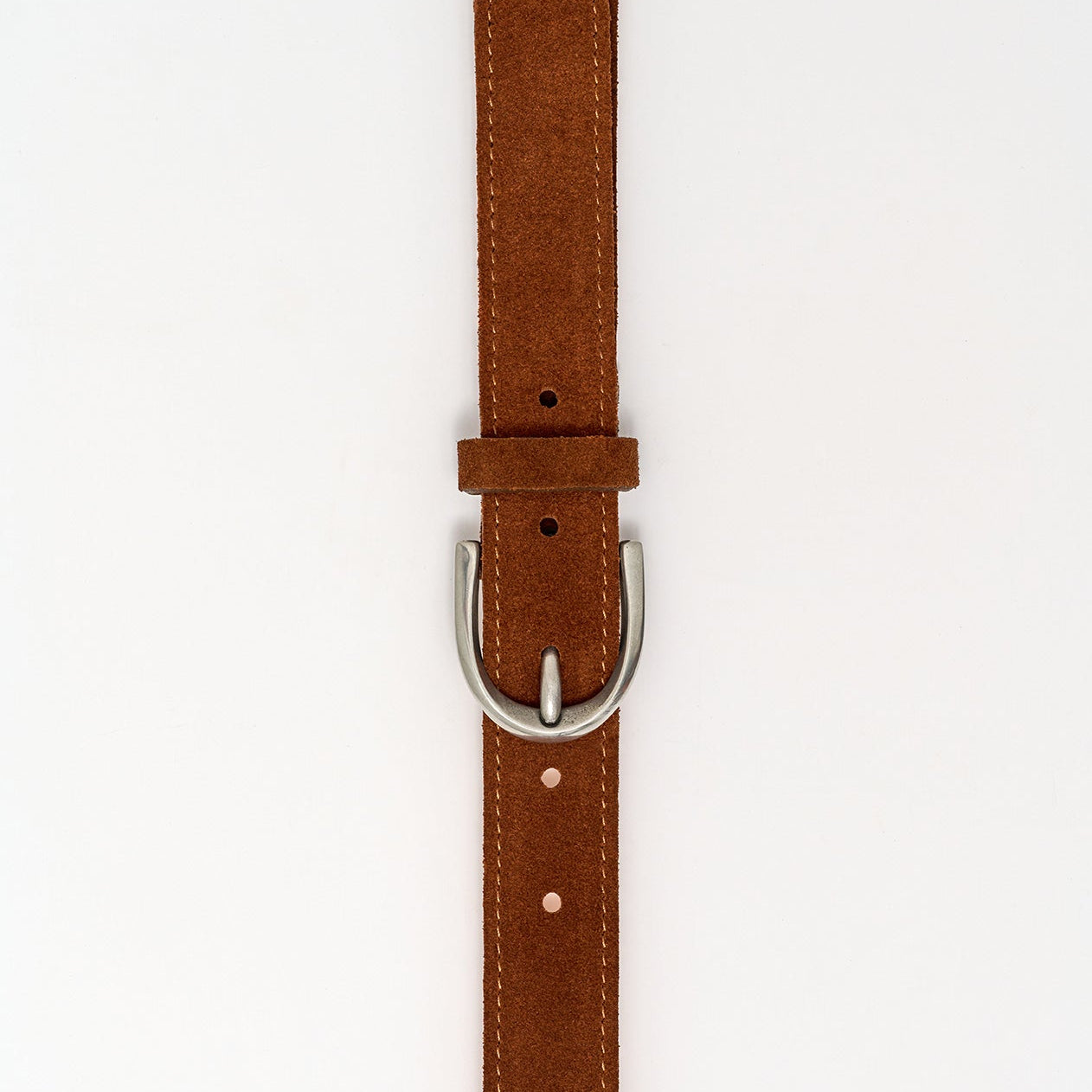 Brown leather belt with a silver buckle on a white background