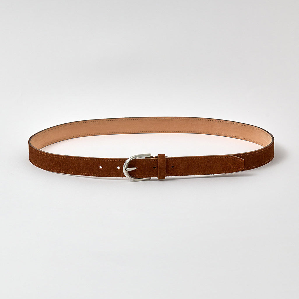 Brown belt with a silver buckle on a light gray background