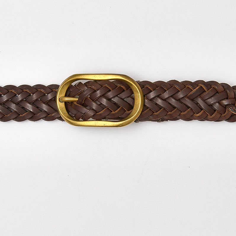 Brown braided belt with a gold buckle on a white background