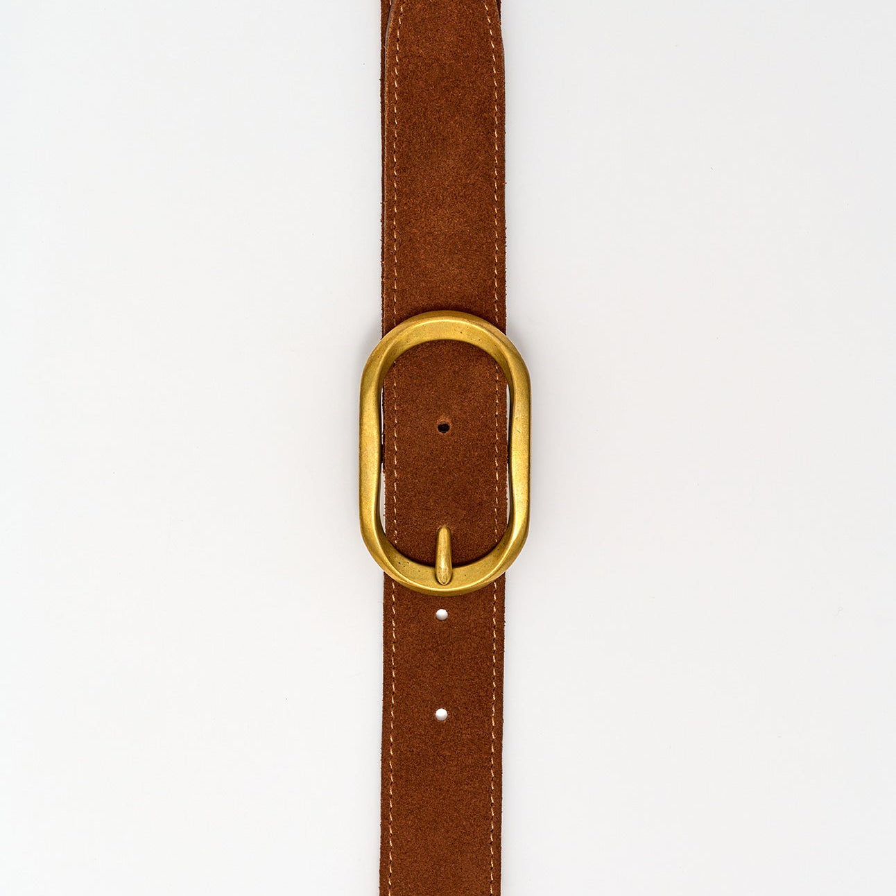 Brown leather belt with a gold buckle on a white background