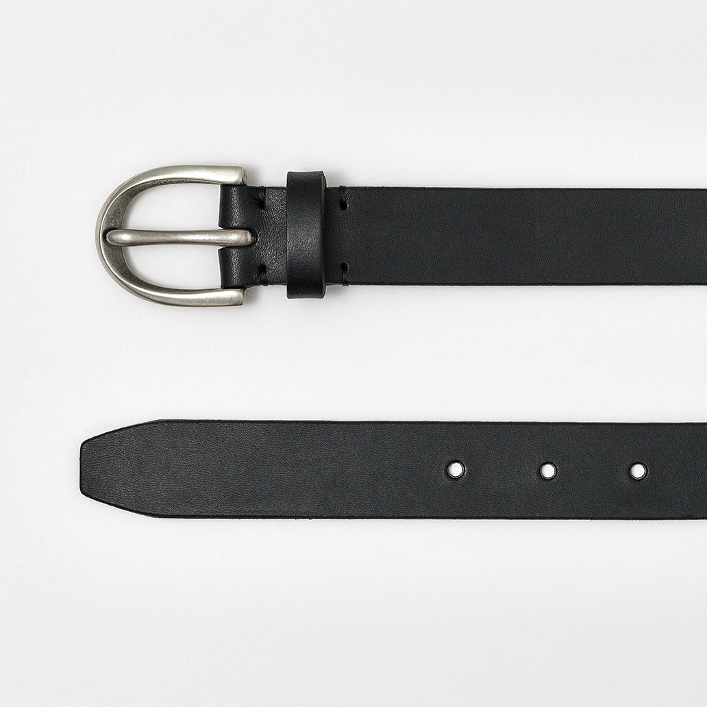 Black leather belt with silver buckle on a white background