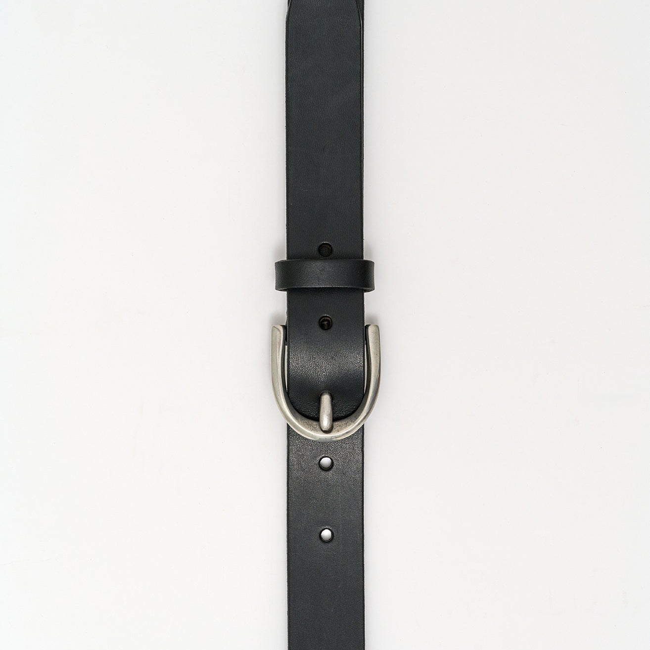 Black leather belt with silver buckle on a white background