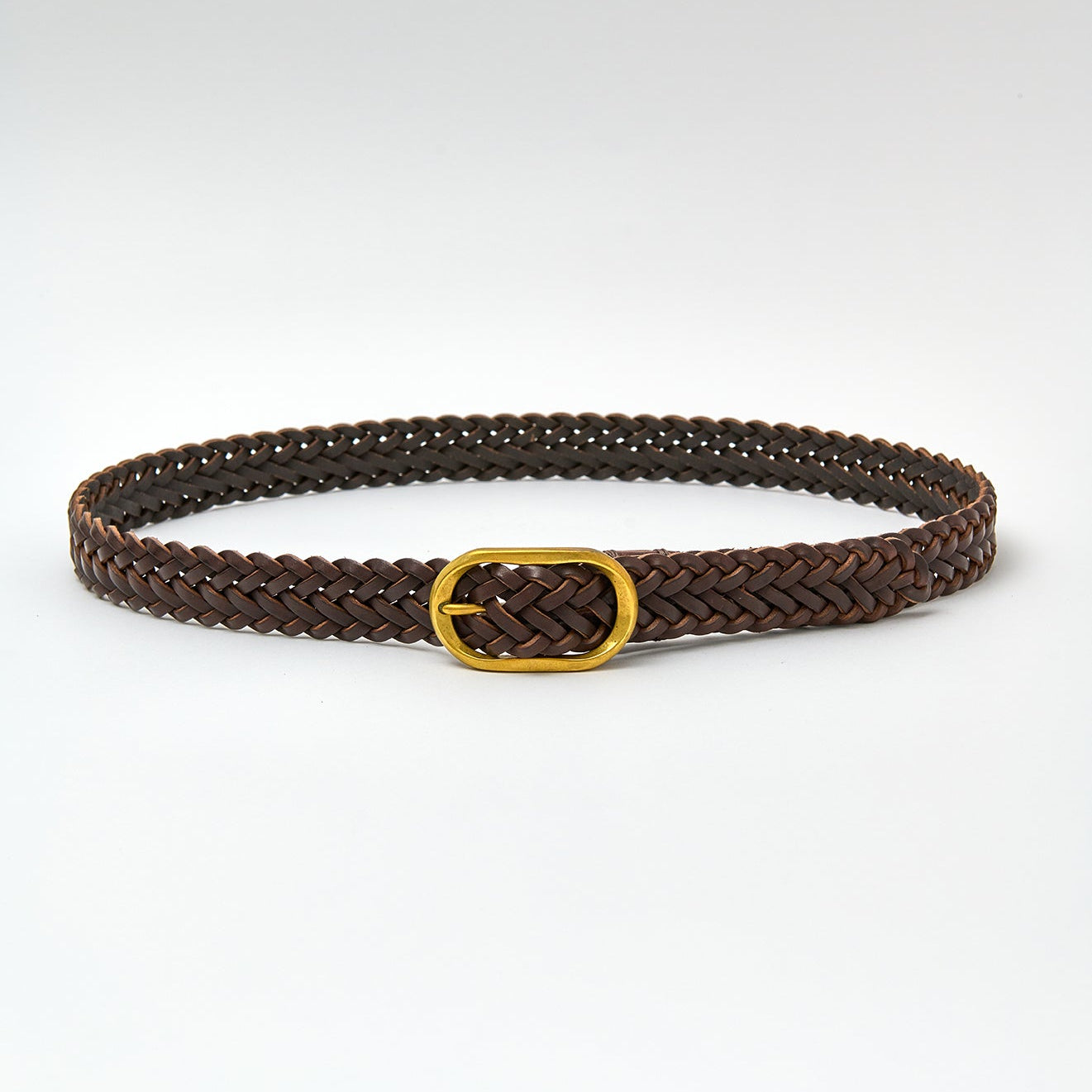 Brown braided belt with a gold buckle on a white background