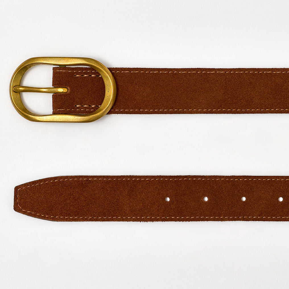 Brown belt with a gold buckle on a white background